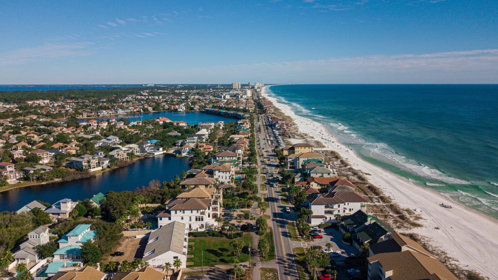 Aerial view of Destin beach shore line and in-shore lake